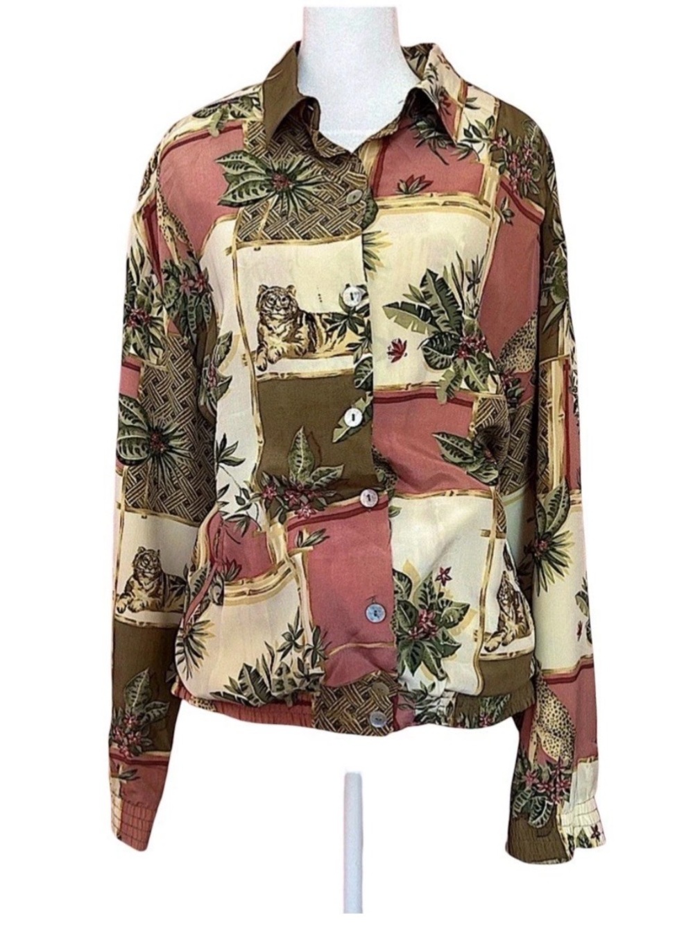 VTG Resort Alfred Dunner 100%Silk Bomber Jacket Blouse Tiger Animal Patchwork 16